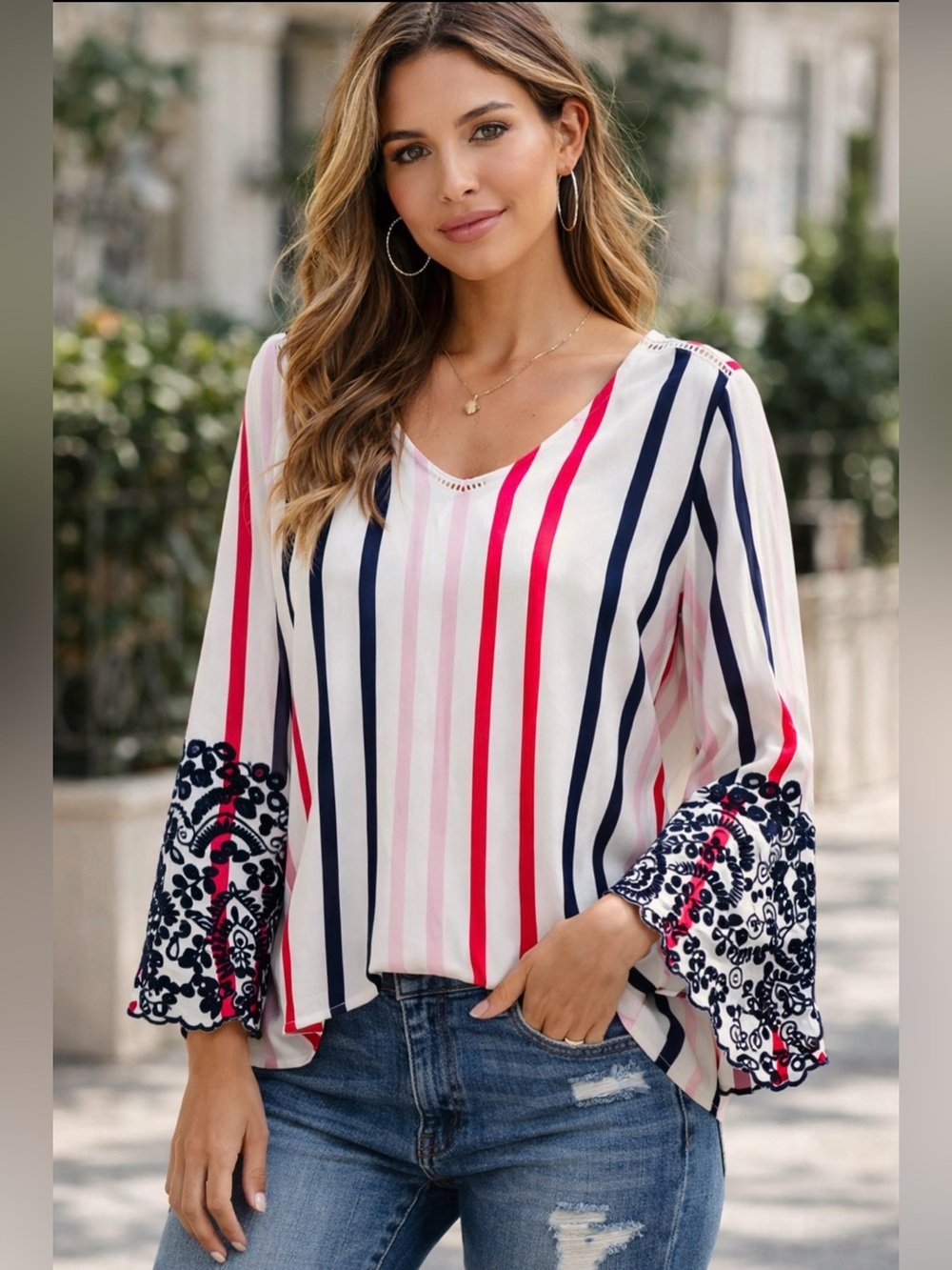 Fever V-Neck Embroidered Bell Sleeve Blouse in White, Pink & Navy Size Medium